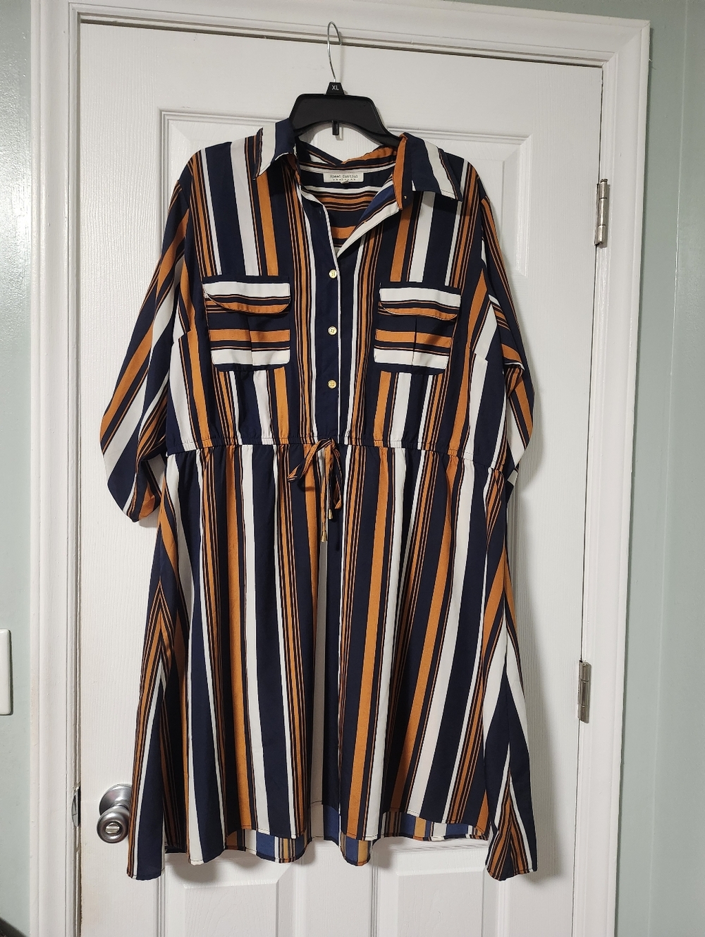 NY Collection Womens Orange Striped Roll Tab Shirt Dress 2x